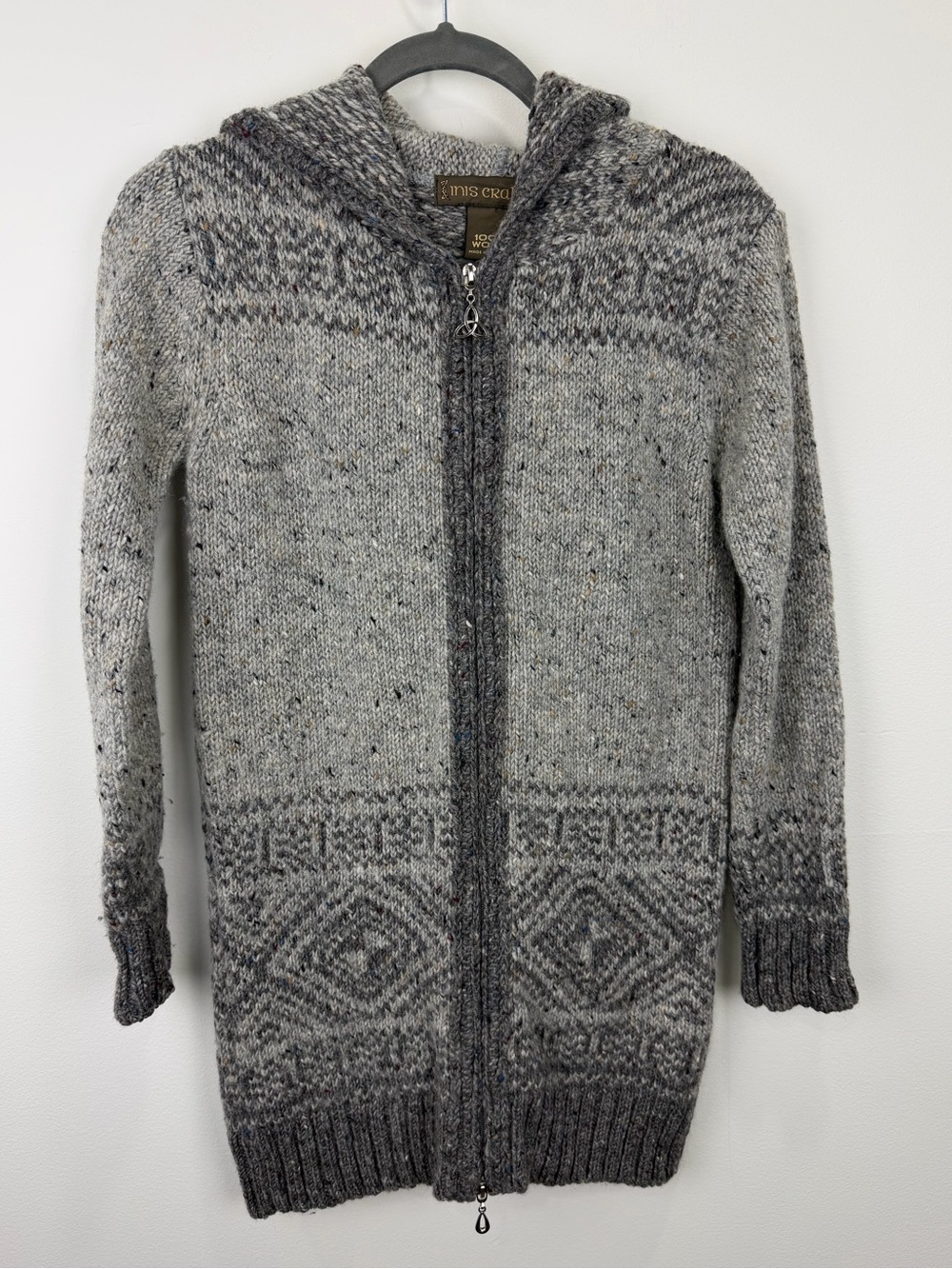 Inis Crafts Irish Wool Hooded Zip Cardigan Sweater Gray Size S